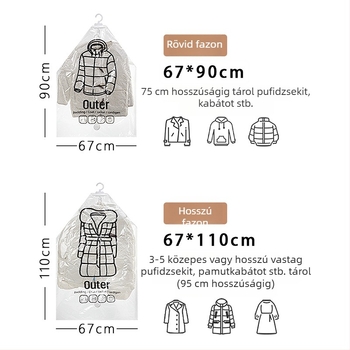 Pehelykabát vákuumtömörítő tasak, akasztós tároló, több lyukkal, megnagyobbított és megvastított