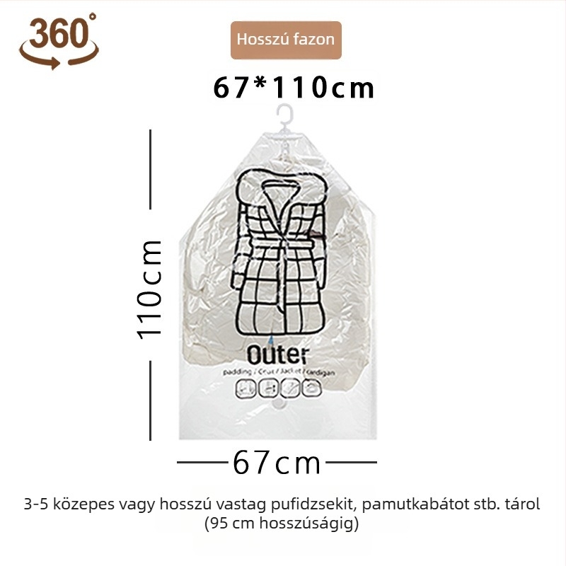 Pehelykabát vákuumtömörítő tasak, akasztós tároló, több lyukkal, megnagyobbított és megvastított