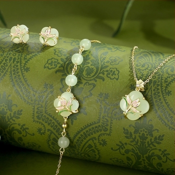Magnólia virágú négylevelű nyaklánc Hetian jade-dal, nőknek, ezüst 925