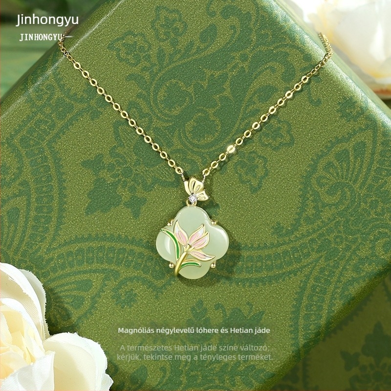 Magnólia virágú négylevelű nyaklánc Hetian jade-dal, nőknek, ezüst 925