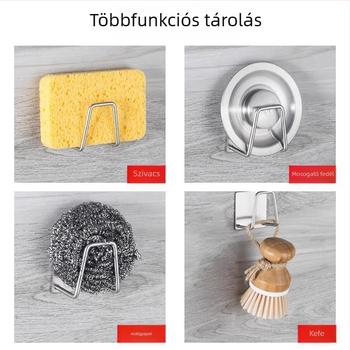 Rozsdamentes acélból készült többszörös funkciójú mosogatóállvány szivacsoknak, fazékfedőknek és acélszálas tisztító gömböknek