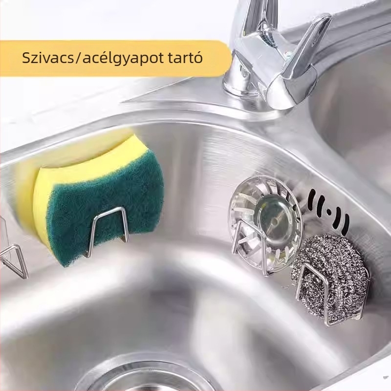 Rozsdamentes acélból készült többszörös funkciójú mosogatóállvány szivacsoknak, fazékfedőknek és acélszálas tisztító gömböknek