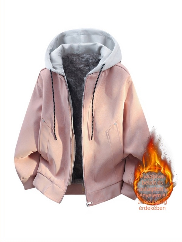 Férfi téli kapucnis PU bőrkabát fleece-béléssel, laza szabású, meleg