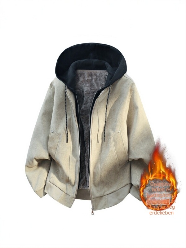 Férfi téli kapucnis PU bőrkabát fleece-béléssel, laza szabású, meleg