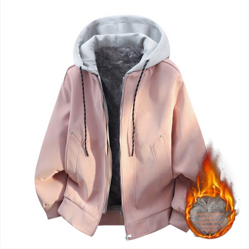 Férfi téli kapucnis PU bőrkabát fleece-béléssel, laza szabású, meleg