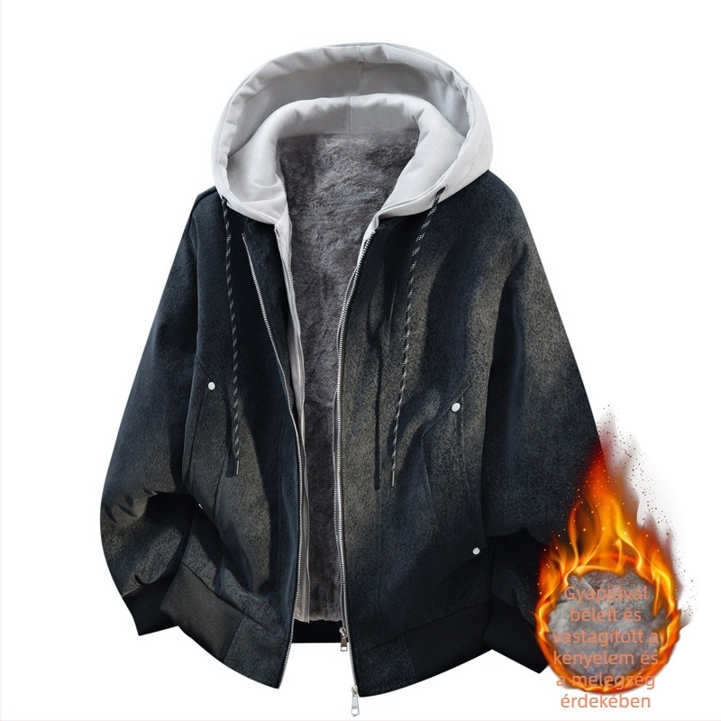 Férfi téli kapucnis PU bőrkabát fleece-béléssel, laza szabású, meleg