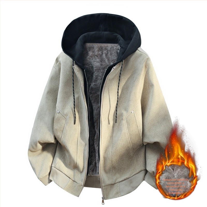 Férfi téli kapucnis PU bőrkabát fleece-béléssel, laza szabású, meleg