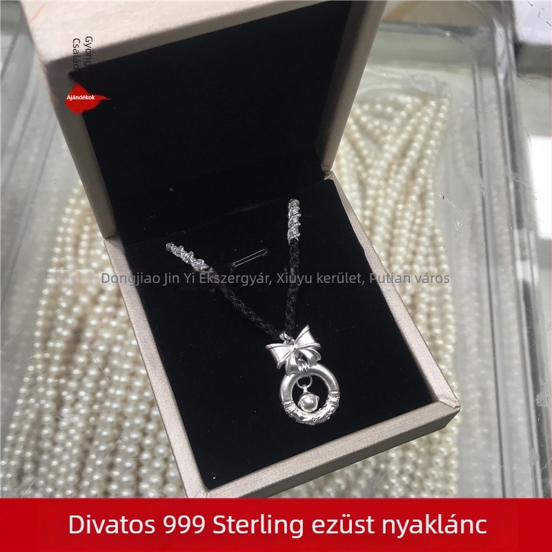 Sterling ezüst 999 nyaklánc masni-kötésű csengőmedállal, Ruyi béke motívummal
