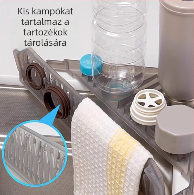 Háromszög alakú konyhai mosogató lecsöpögtető és tároló állvány kesztyű, rongy és szivacs tartóval