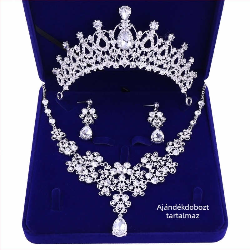 X001 Menyasszonyi fejdísz és ékszerszett – három darab: tiara, nyaklánc és fülbevaló, esküvőre, európai-stílusú