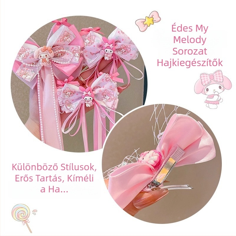 My Melody gyerekeknek készült hajdísz – hajtű, masni és szalag, homlokra rögzíthető lánccal