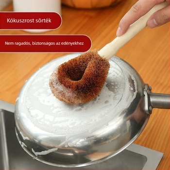 Hosszú nyelű edényecset kókuszrostszálakkal, olaj- és foltok eltávolítására; konyhai tisztító eszköz edényekhez és serpenyőkhöz.