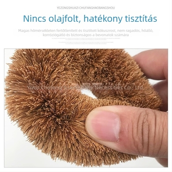 Hosszú nyelű edényecset kókuszrostszálakkal, olaj- és foltok eltávolítására; konyhai tisztító eszköz edényekhez és serpenyőkhöz.
