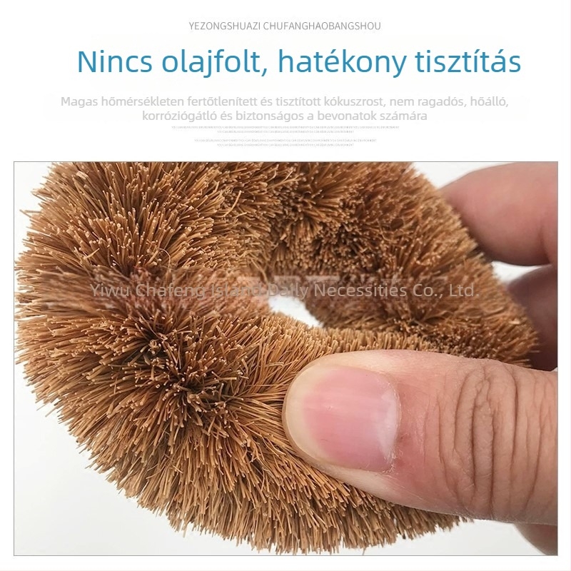 Hosszú nyelű edényecset kókuszrostszálakkal, olaj- és foltok eltávolítására; konyhai tisztító eszköz edényekhez és serpenyőkhöz.
