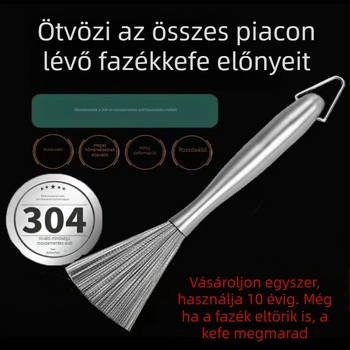 Hosszú nyelű rozsdamentes acél edény- és táltisztító kefe, konyhai használatra