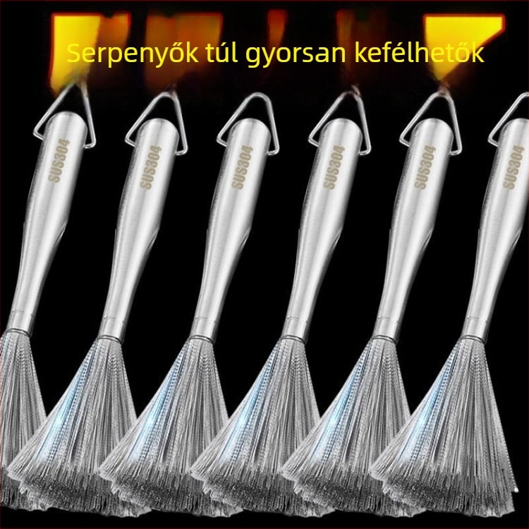 Hosszú nyelű rozsdamentes acél edény- és táltisztító kefe, konyhai használatra