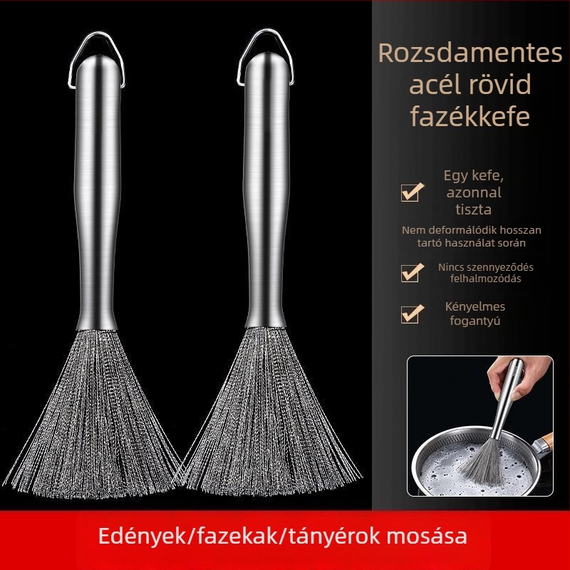 Hosszú nyelű rozsdamentes acél edény- és táltisztító kefe, konyhai használatra