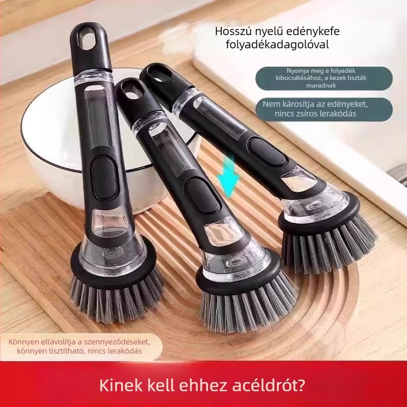Többcélú fazék- és edénytisztító kefe folyadékadagolóval, hosszú nyélű konyhai eszköz