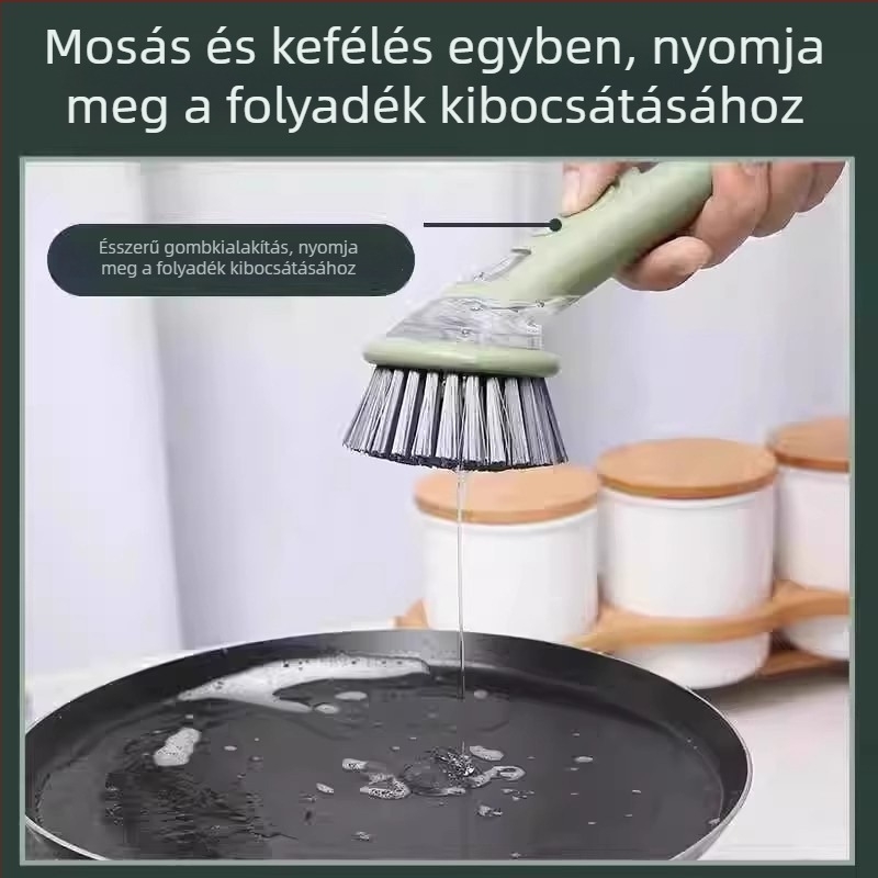Többcélú fazék- és edénytisztító kefe folyadékadagolóval, hosszú nyélű konyhai eszköz