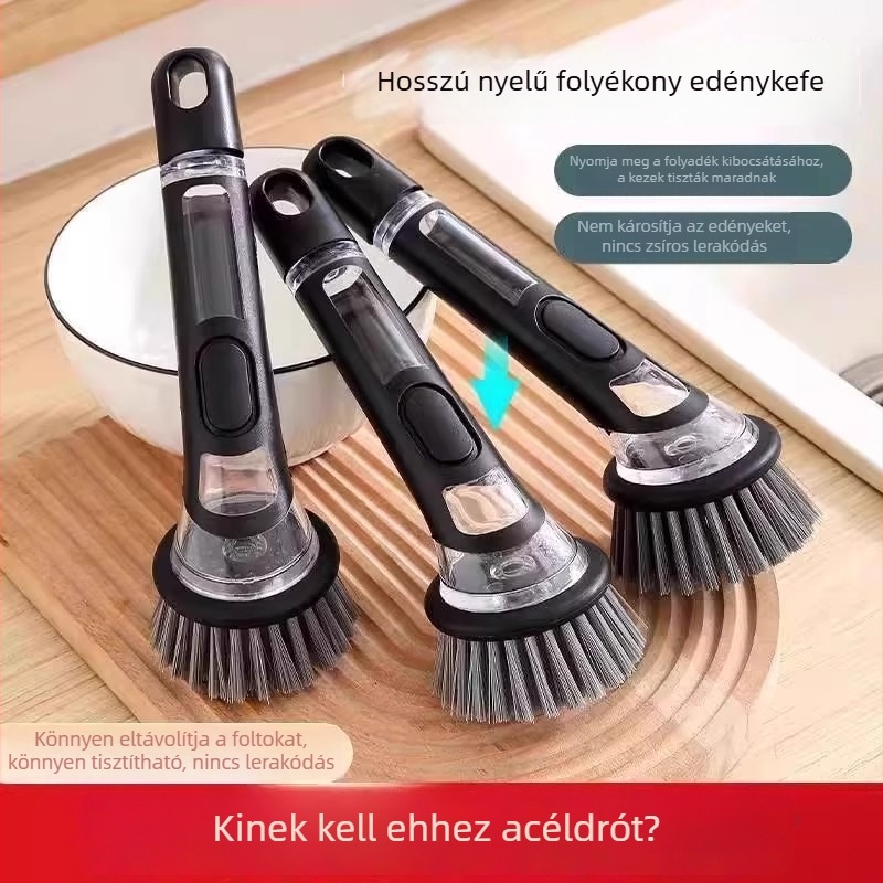 Többcélú fazék- és edénytisztító kefe folyadékadagolóval, hosszú nyélű konyhai eszköz