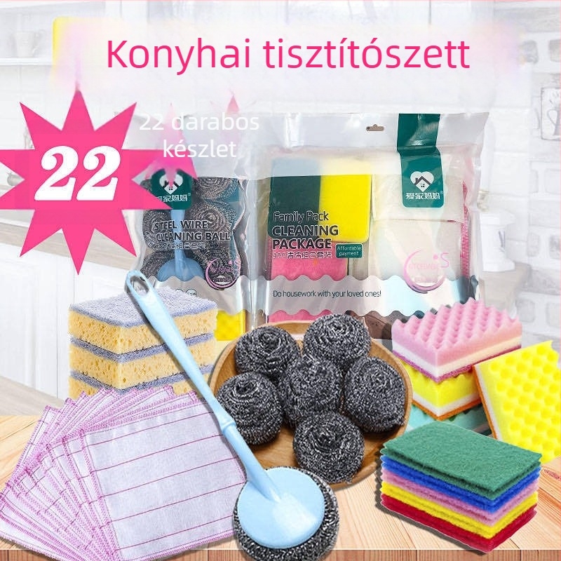 22 darabos konyhai tisztító készlet acéldrót golyókkal, súroló párnákkal, edény törlőkkel és szivacsos kefékkel