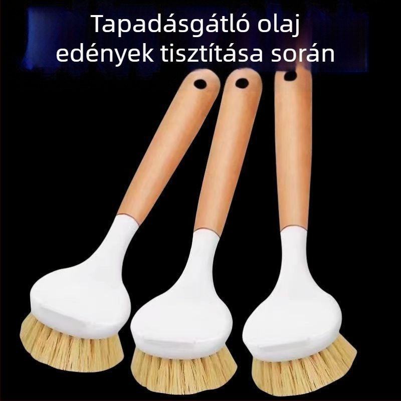 Hosszú nyelű szisal mosogatókefe edények és serpenyők tisztítására, fahatású nyéllel, akasztható