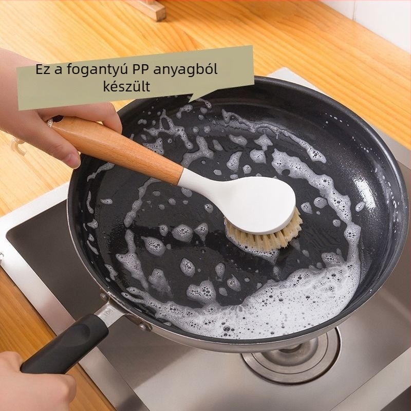 Hosszú nyelű szisal mosogatókefe edények és serpenyők tisztítására, fahatású nyéllel, akasztható
