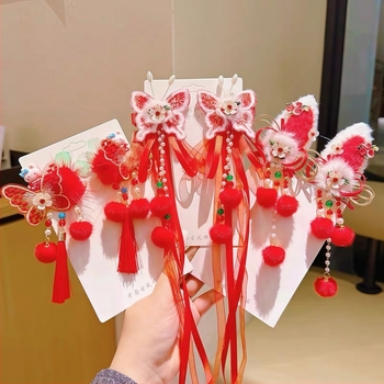 Ősi stílusú piros hajcsat gyerekeknek Hanfu bojtos díszítéssel