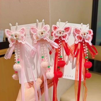 Ősi stílusú piros hajcsat gyerekeknek Hanfu bojtos díszítéssel
