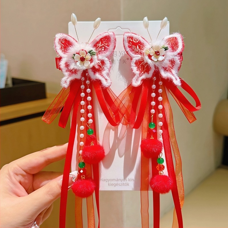 Ősi stílusú piros hajcsat gyerekeknek Hanfu bojtos díszítéssel
