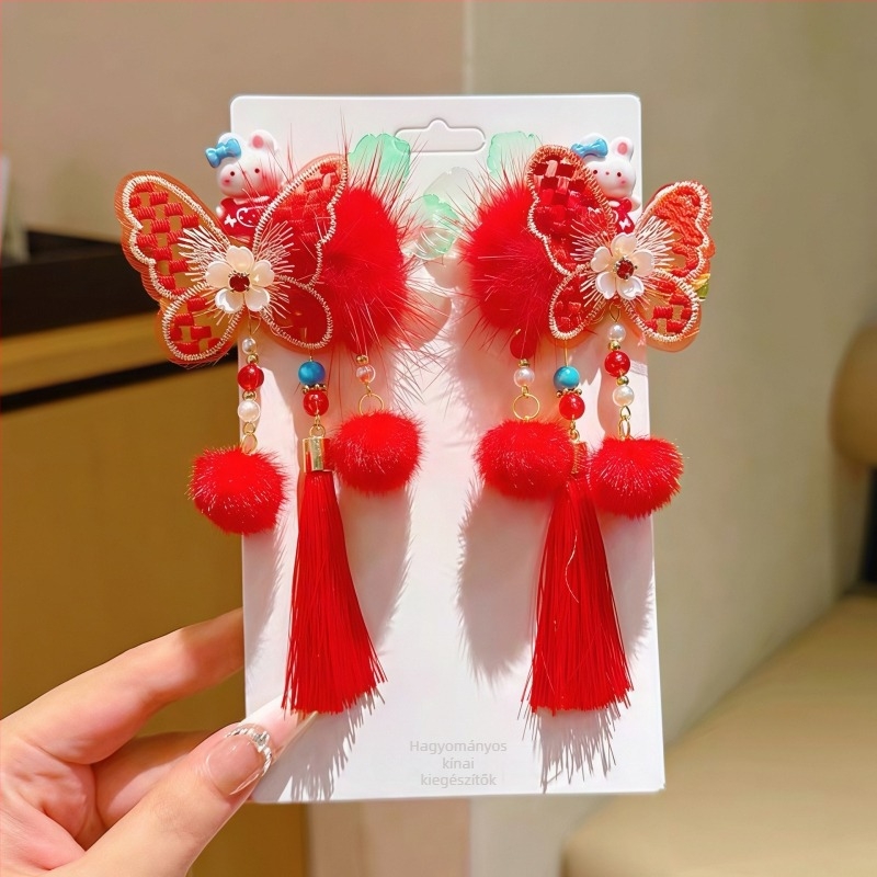 Ősi stílusú piros hajcsat gyerekeknek Hanfu bojtos díszítéssel