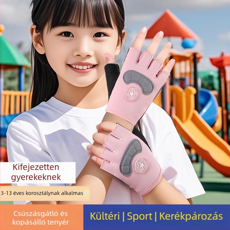 Gyerekeknek félujjas kerékpáros kesztyűk, uniszex, lélegző, csúszásmentes, könnyű, tavasz–nyár, 7–14 évesek