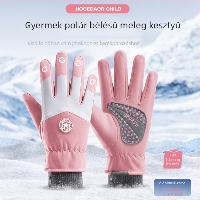 Gyerek téli kesztyűk kültéri használatra: vízálló, szélálló fleece-béléssel, vastag, rajzfilm mintás, uniszex síkesztyűk