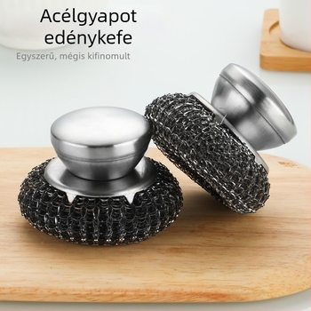 Konyhai rozsdamentes acéldrót-kefe fogantyúval – mosogatáshoz és edények tisztításához, acélgolyó tisztító labdával.