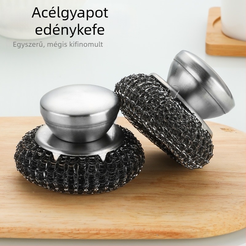 Konyhai rozsdamentes acéldrót-kefe fogantyúval – mosogatáshoz és edények tisztításához, acélgolyó tisztító labdával.