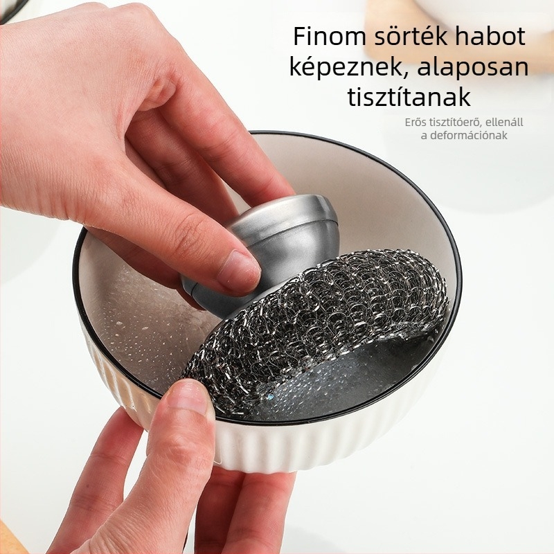Konyhai rozsdamentes acéldrót-kefe fogantyúval – mosogatáshoz és edények tisztításához, acélgolyó tisztító labdával.
