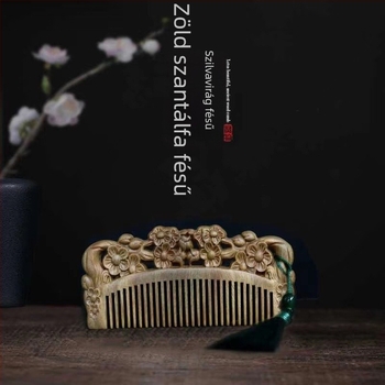Zöld szantálfa fésű, faragott, nőknek hosszú hajhoz