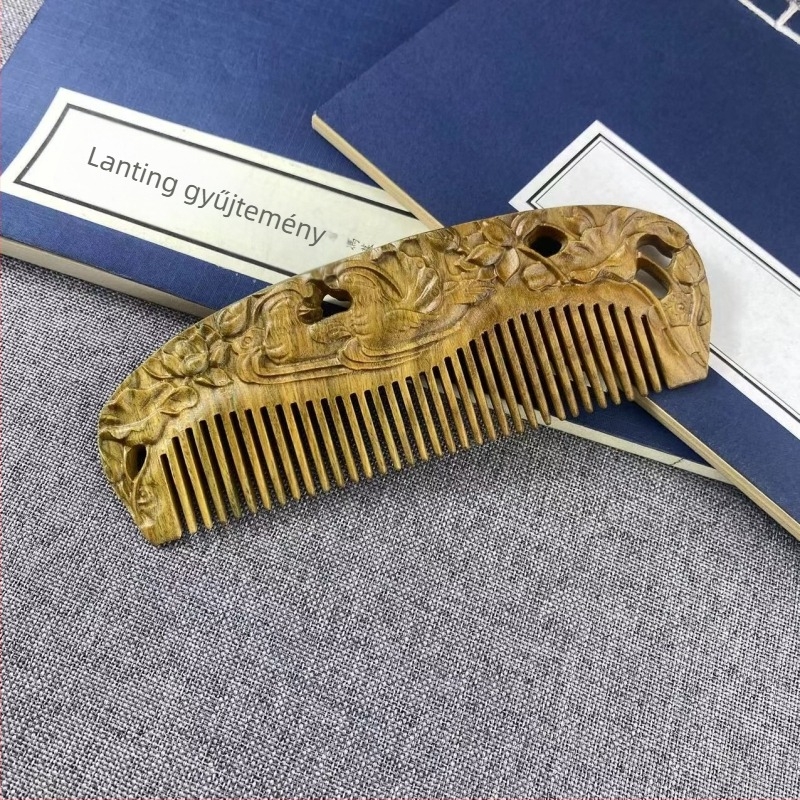 Zöld szantálfa fésű, faragott, nőknek hosszú hajhoz