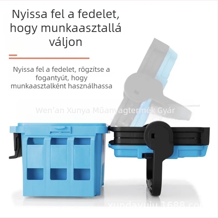 Új modell, dupla rétegű vastagfalú hordozható horgász doboz zárható, megerősített, vastagodott, többfunkciós ülőhellyel.