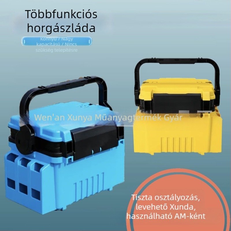 Új modell, dupla rétegű vastagfalú hordozható horgász doboz zárható, megerősített, vastagodott, többfunkciós ülőhellyel.