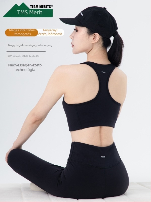Női jóga nadrág és sporttop készlet, Pilates edzőruha, magas rugalmasságú anyag, levehető párnázással ellátott sportmelltartó, magas derekú, szoros fazon