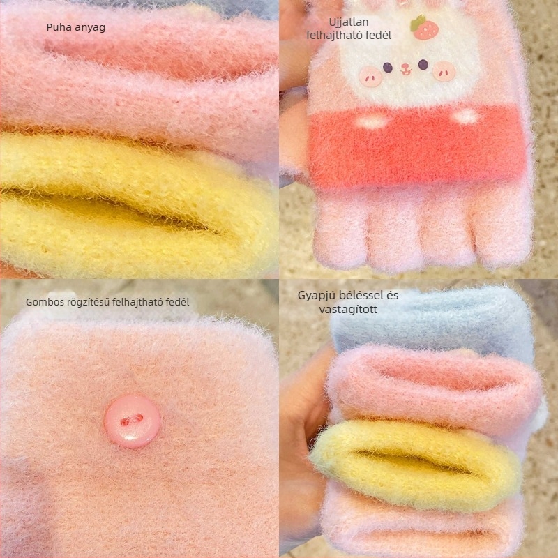 Rajzolt nyuszi gyerek kesztyűk, őszi–téli, fleece bélés, uniszex, 4–8 évesek, melegek