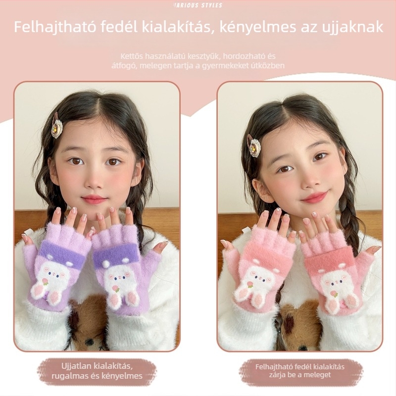 Rajzolt nyuszi gyerek kesztyűk, őszi–téli, fleece bélés, uniszex, 4–8 évesek, melegek