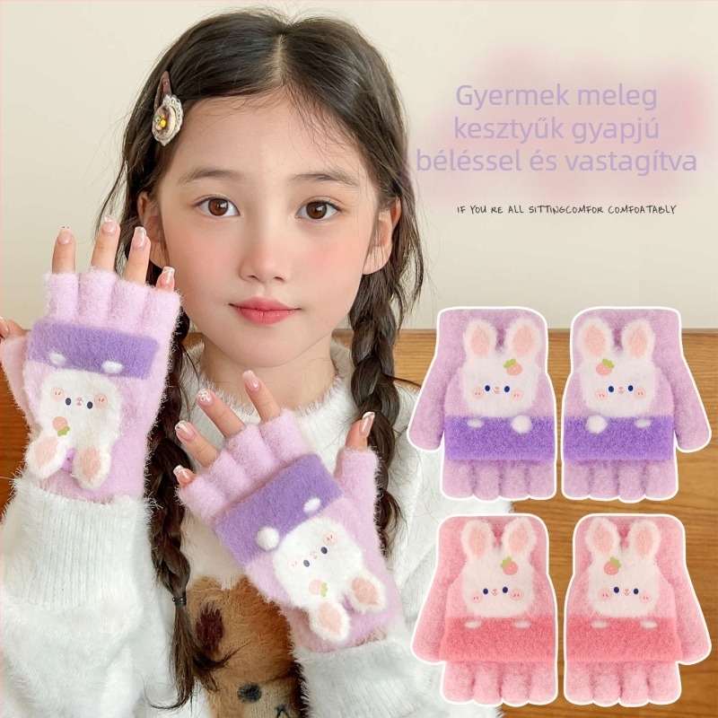 Rajzolt nyuszi gyerek kesztyűk, őszi–téli, fleece bélés, uniszex, 4–8 évesek, melegek