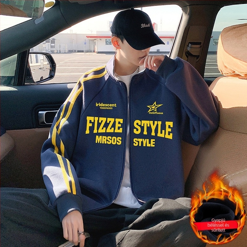 Férfiaknak szóló amerikai stílusú, nehéz kardigán zipzárral, fleece béléssel, laza szabású, álló gallér, őszi-téli