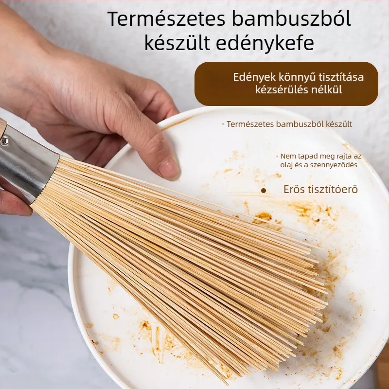 Hosszú nyeletű bambusz edény- és fazekisztító kefe