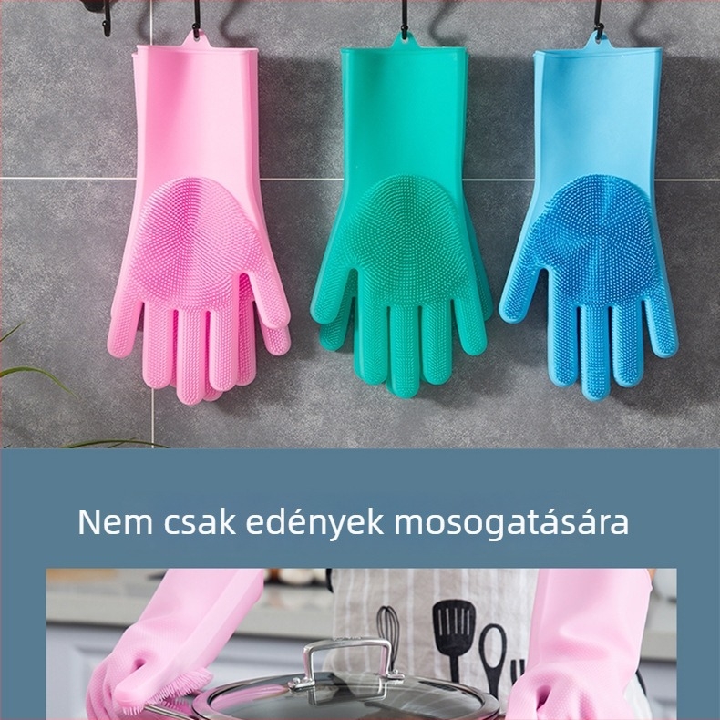 Vastagított szilikon kesztyű edények mosásához, gyümölcsök tisztításához és állatok fürdetéséhez — többfunkciós háztartási kesztyű kefével