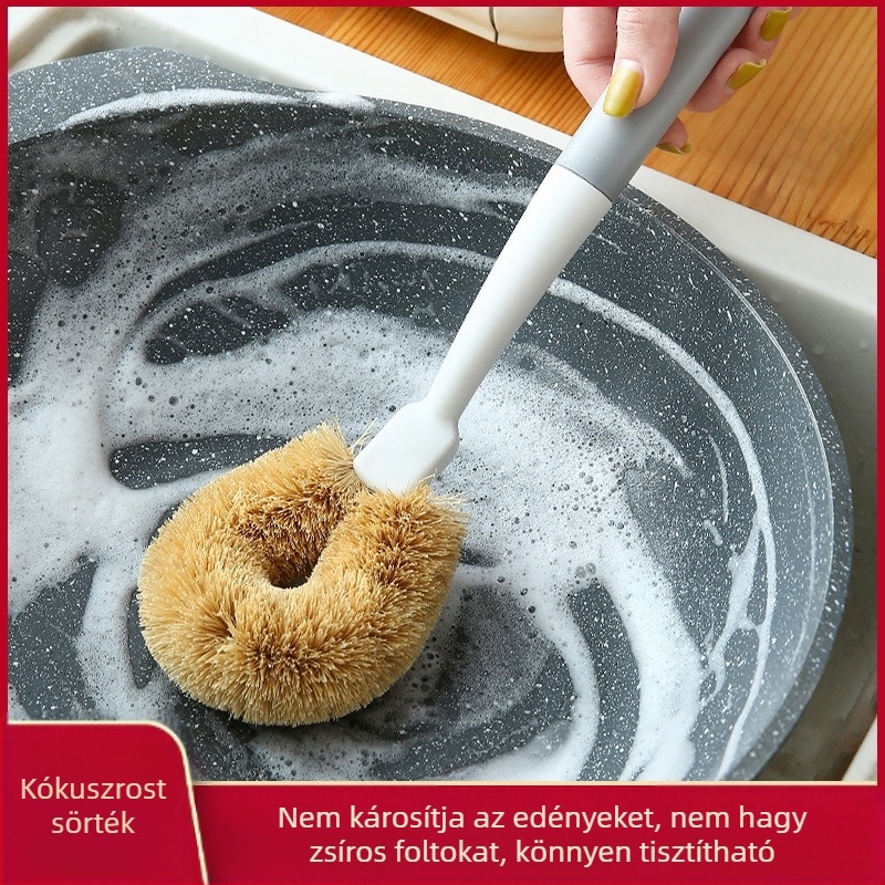 Hosszú nyelű konyhai fazék- és edényecset, többfunkciós tisztítóecset