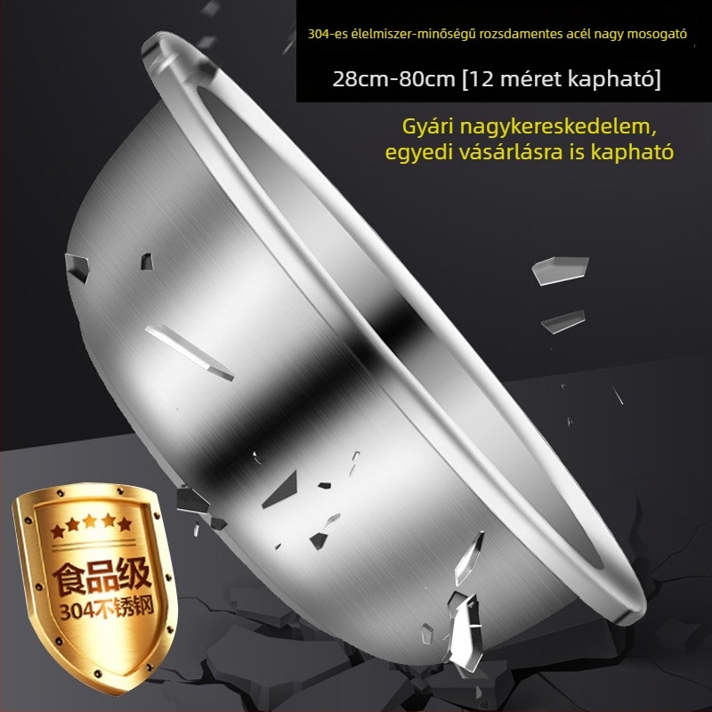 304 rozsdamentes acél edény, nagy méretű, széles peremmel, többfunkciós konyhai és háztartási mosóedény, vastag falú