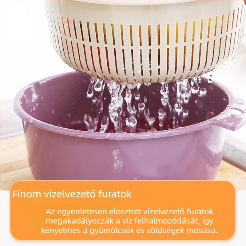 Kétszintes szárítókosár, vastagított kör alakú konyhai gyümölcs- és zöldségmosó, műanyag háztartási mosóedény nyomtatási lehetőséggel